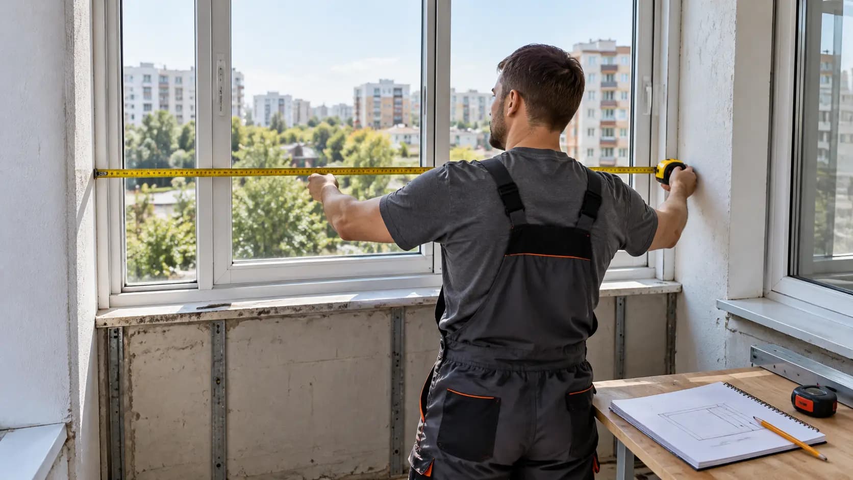 Специалист измеряет ширину проёма лоджии перед остеклением