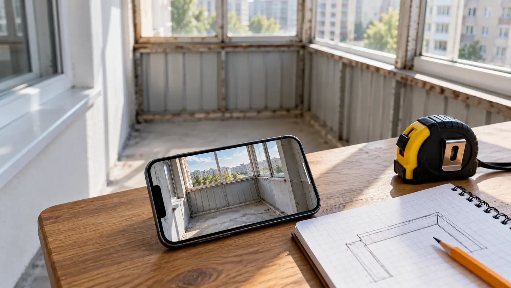 Фотография балкона на смартфоне рядом с рулеткой и схемой замера