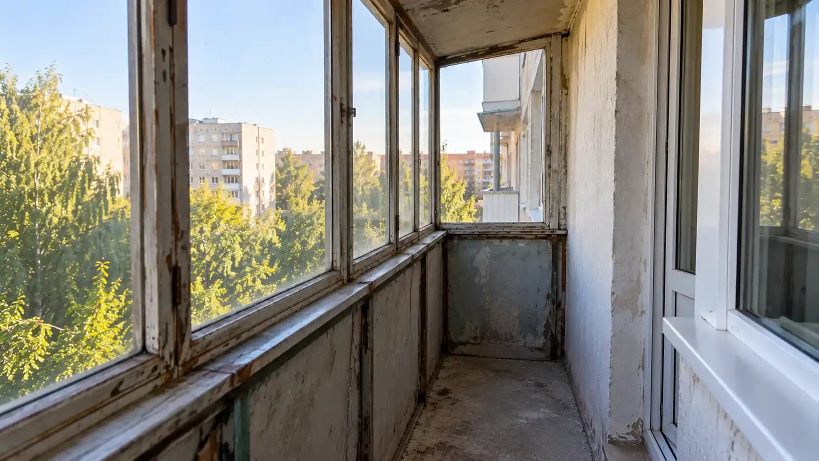Балкон до ремонта: старое остекление, парапет, пол и потолок без чистовой отделки